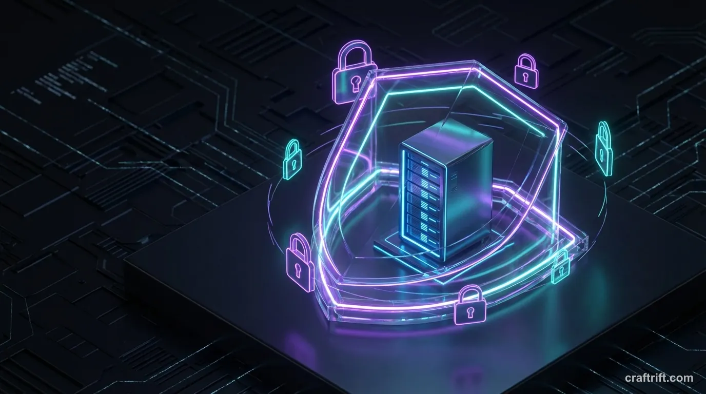 Glowing shield deflecting incoming attacks from a server