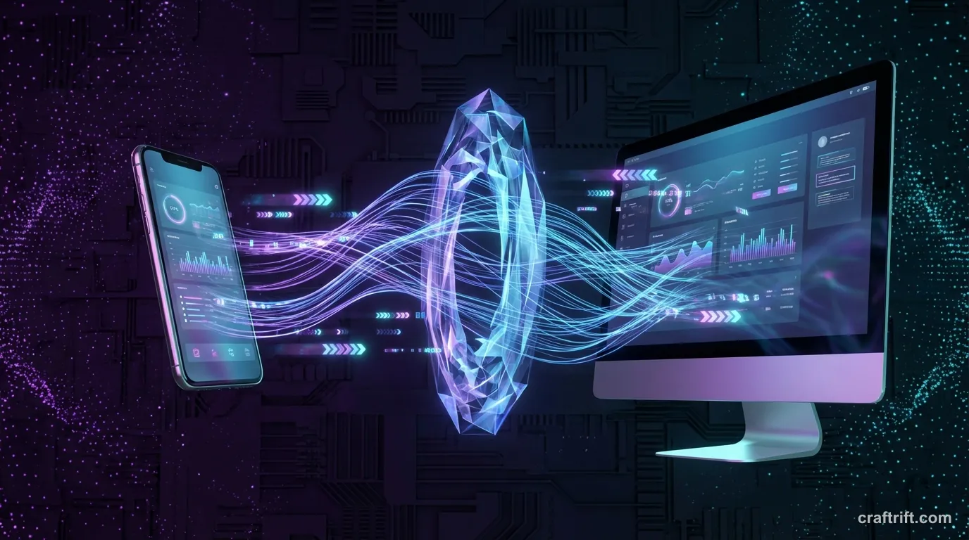 A PC and a phone connected by a glowing link, representing crossplay