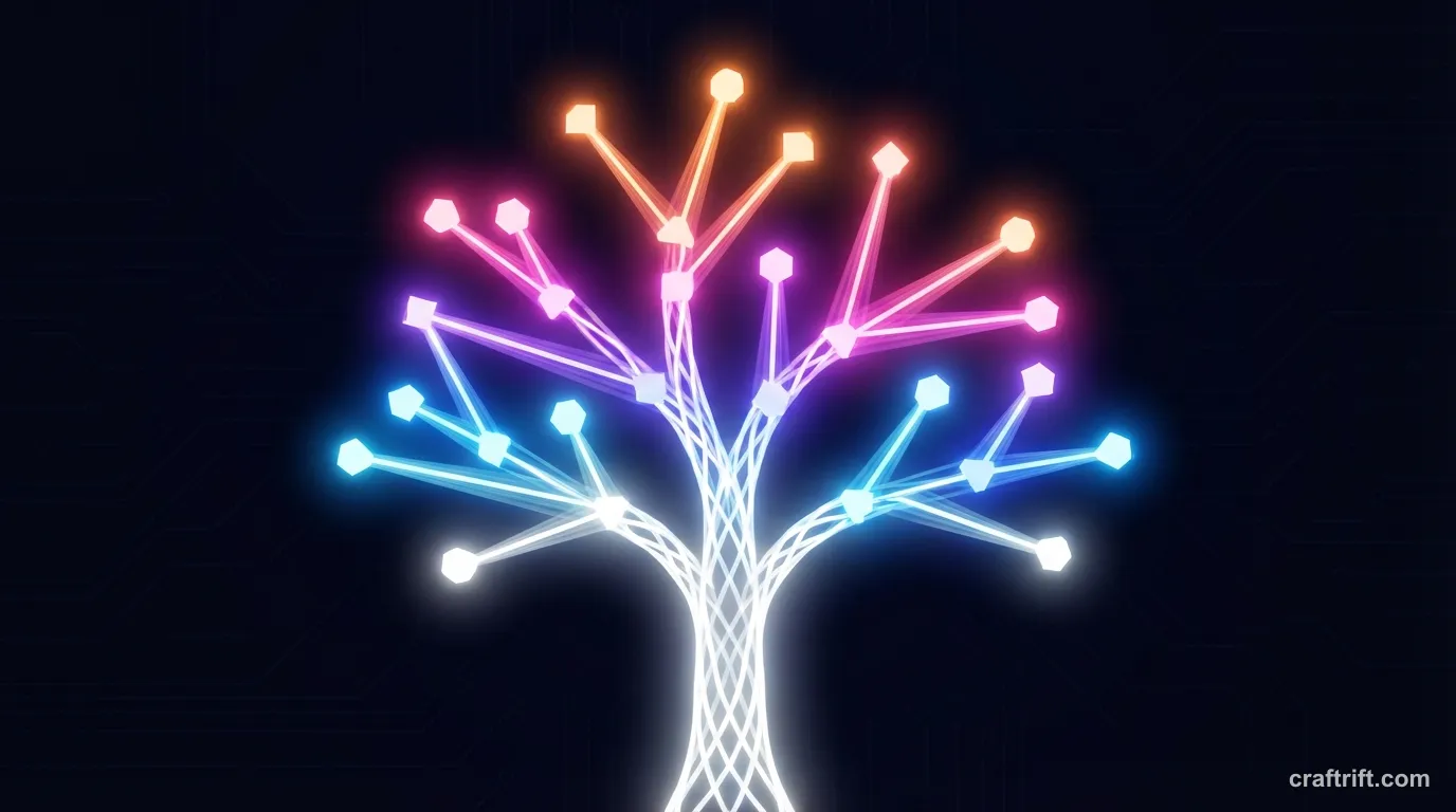Glowing branching tech tree of connected nodes