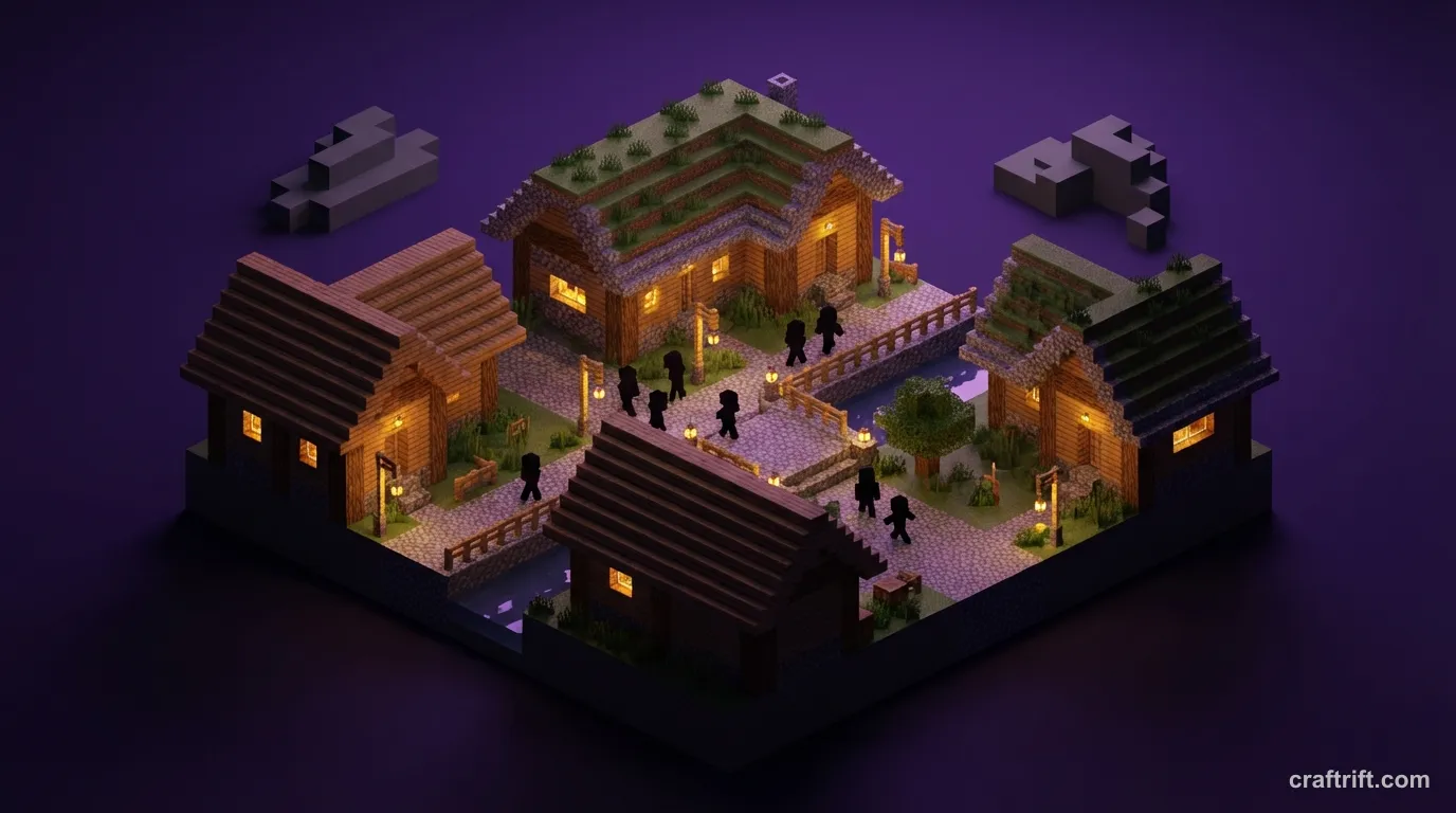 Isometric Minecraft village with wooden houses, farms and a river